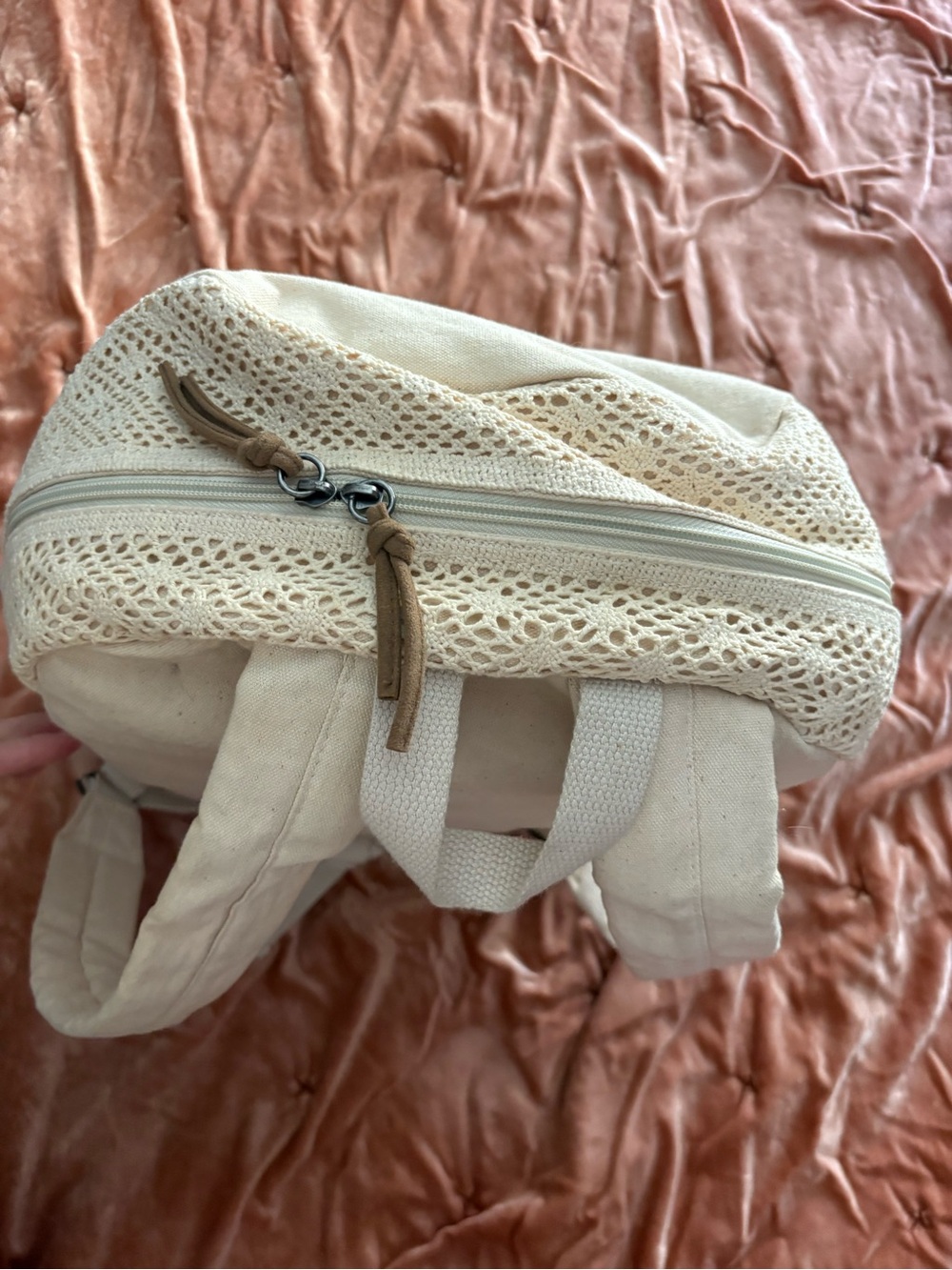 Roxy Cream Crochet Front Backpack with Tan Suede Base - Picture 5 of 9